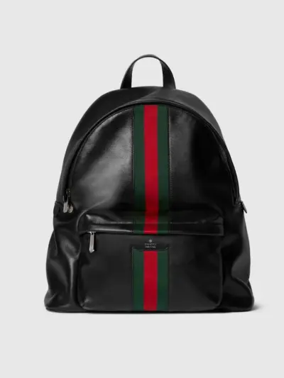 Gucci Web Trademark large backpack made of black smooth leather, signature vertical red-green web stripe, front zipper pocket, gold metal zippers and leather top handle